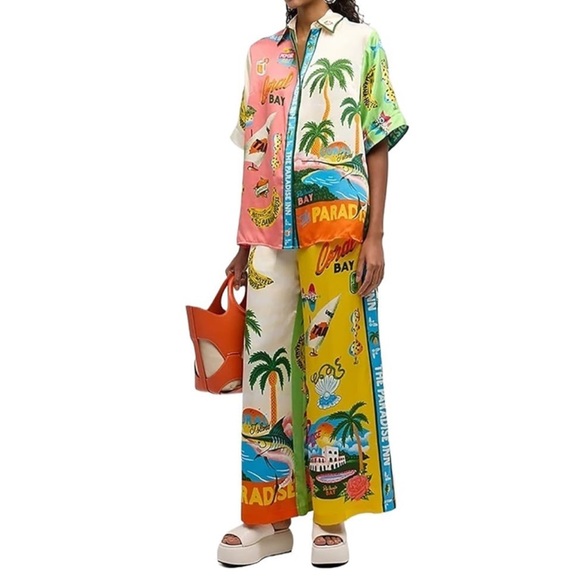 Womens Floral Fruit Print Short Sleeve & Shirt Wide Leg Pants Beach Outfit sz XL - Picture 11 of 16